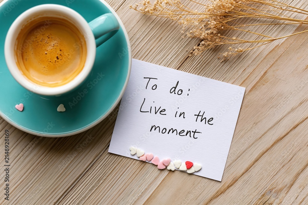 Naklejka premium Coffee and espresso cup with a handwritten note for morning motivation lifestyle