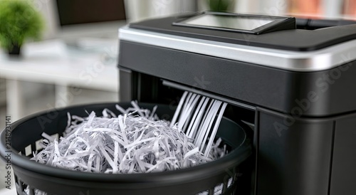 Close-up of a black paper shredder with shredded paper falling into a bin.