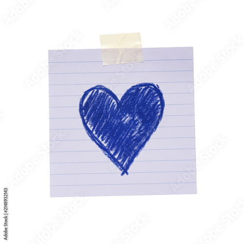 Blue heart drawing on a small square sticky note attached with tape