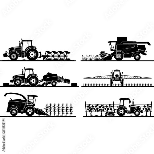 Agricultural machinery silhouette set, 6 farm tractor and harvester icons, industrial farming equipment vector illustrations