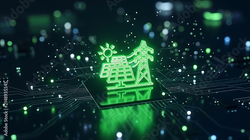 Solar energy concept with glowing green icon on digital circuit board technology background