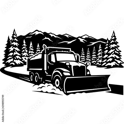 Snow plow truck vector illustration, winter road maintenance vehicle in mountains, heavy duty snowplow clearing forest path