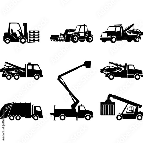 Industrial vehicle silhouette set, heavy machinery and construction truck icons, logistics and transport equipment vector collection