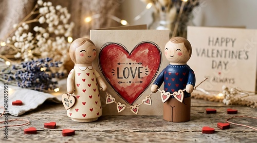 Adorable wooden peg dolls holding love banner with valentine greeting card on rustic wooden surface.
