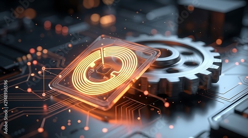 Glowing rfid tag chip with industrial metal gear on advanced circuit board background