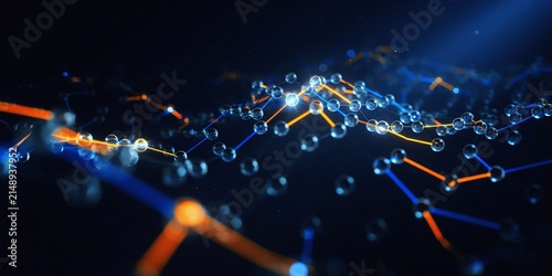 Neural Network and Artificial Intelligence Concept - Glowing Abstract Tech Background with Connected Digital Nodes, Blue and Yellow Light Synapse Network