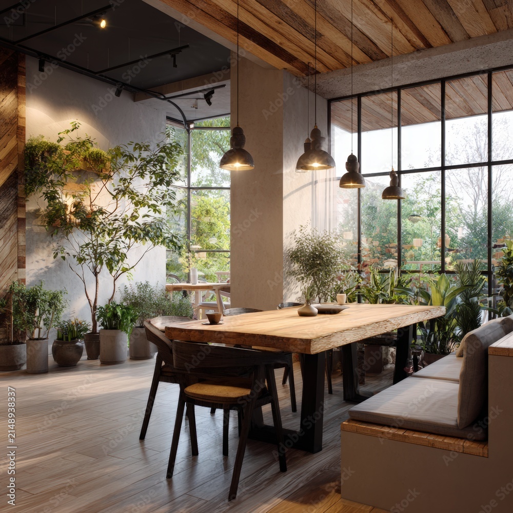 Fototapeta premium Modern dining area featuring wooden table and chairs, surrounded by lush greenery and large windows, creating a bright and inviting atmosphere for gatherings