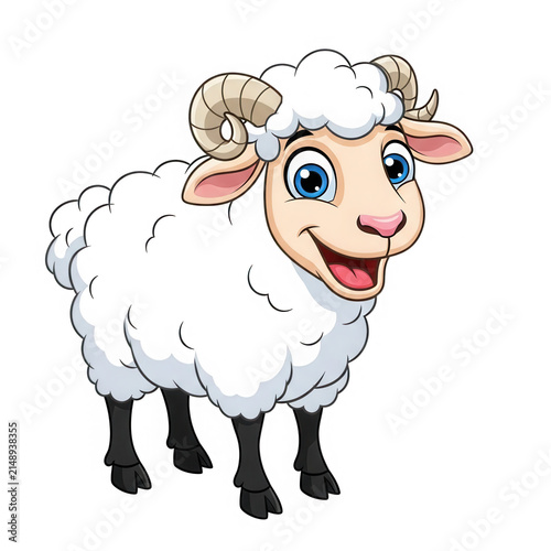 Happy white cartoon sheep with horns standing and smiling isolated on transparent background