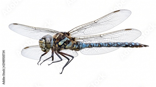 Fotografie Blue dragonfly isolated on white background, macro insect with transparent wings