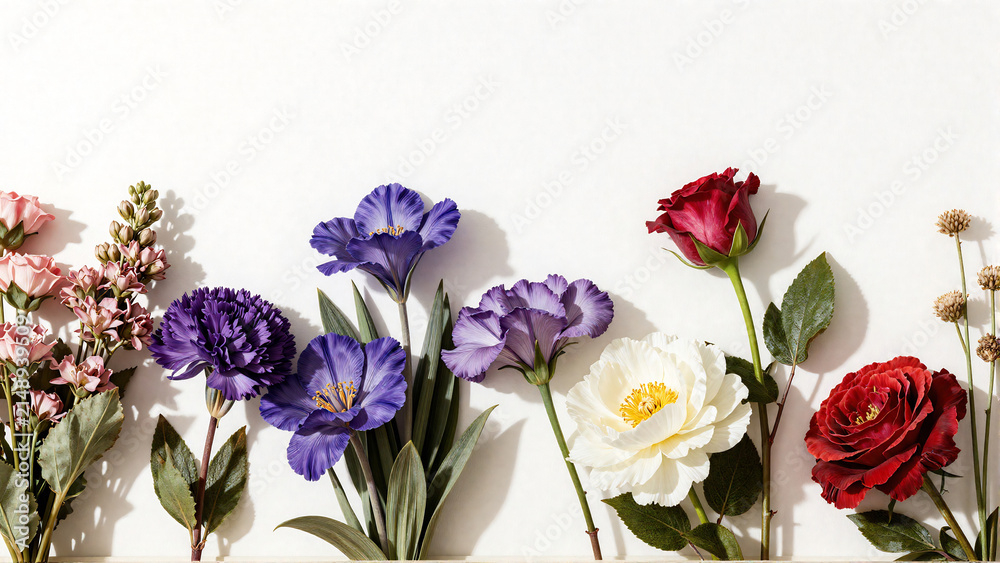 Obraz premium Vibrant Mixed Spring Flowers on a White Banner Background