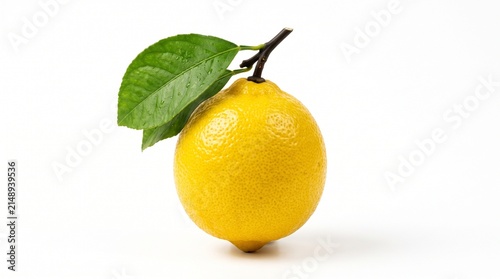 Cuadro en lienzo Fresh yellow lemon with green leaves on white background