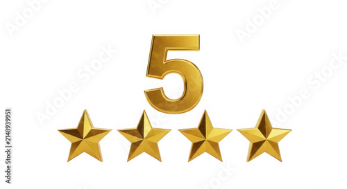 Shiny gold number five with four stars for top rating and customer feedback isolated on transparent background