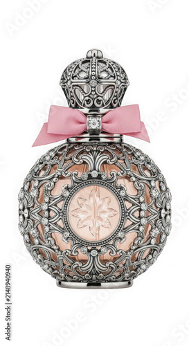 Luxury perfume bottle with ornate silver details isolated on transparent
