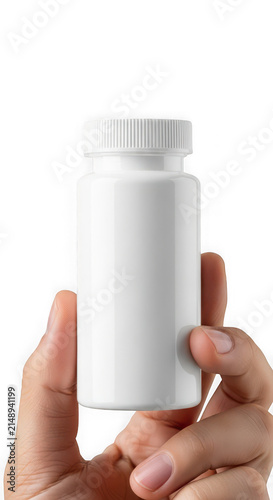 Hand holding white plastic medicine bottle isolated on transparent background