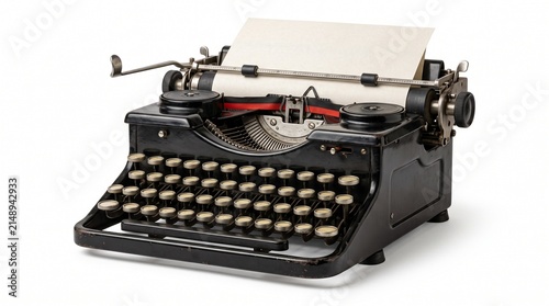 Quadro su tela Vintage black typewriter with blank paper, antique manual writing machine on whi