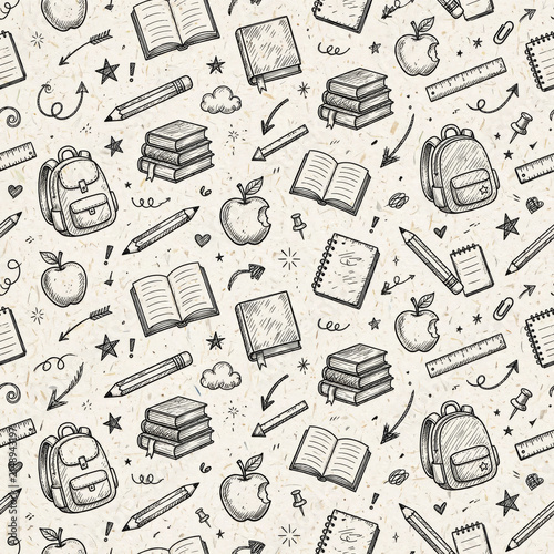 Seamless pattern of hand drawn school supplies, backpacks, books, pencils and apples on textured paper, suitable for educational materials and stationery background