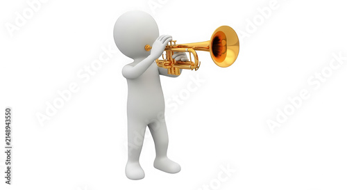 3d white character playing a golden trumpet musical instrument isolated on transparent background