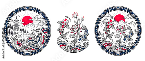 Japanese Art Style Circular Designs with Koi Fish and Landscape