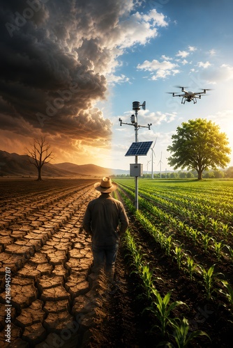 Farmer Standing Between Drought and Green Crops with Drone, Solar Sensors and Wind Turbines, Climate Technology, Smart Farming and Sustainable Agriculture Concept