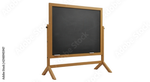 Empty black chalkboard with wooden frame on a stand for school and business isolated on transparent background