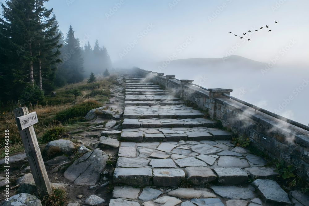 Fototapeta premium A stone path leading to a mountain summit through thick fog with a wooden signpost and a flock of birds flying in the distance at sunrise