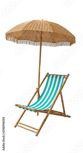 Beach chair with wooden umbrella isolated on transparent background