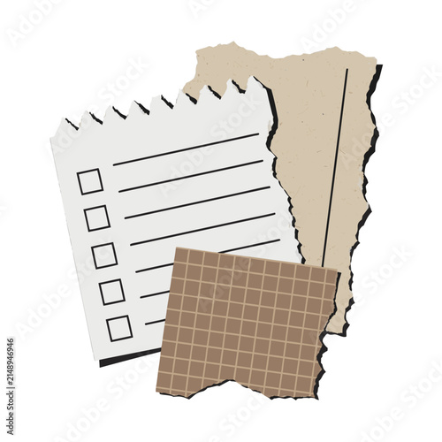 Torn Paper Stationery With Lined And Grid Patterns Realistic Illustration On White Background