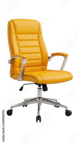 Bright yellow leather office chair isolated on transparent background