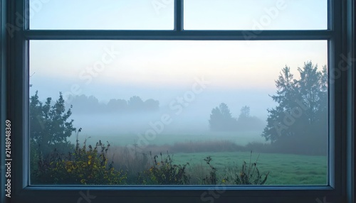 Misty Rural Meadow Seen Through Window at Dawn