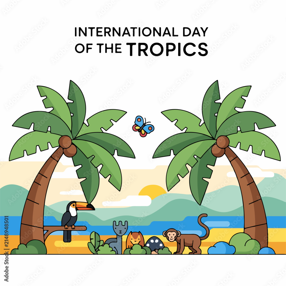 Fototapeta premium Celebrating International Day of the Tropics with diverse wildlife and lush vegetation.