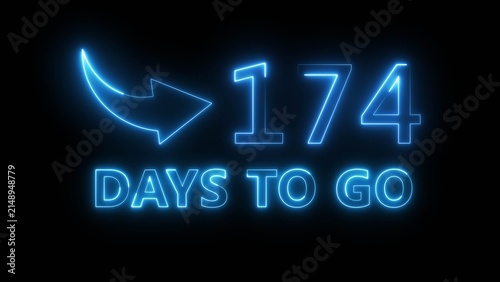 Neon blue count down graphic showing one hundred seventy four days until future event date.