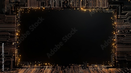 High‑contrast illustration of circuit board frame with gold conductive traces enclosing black rectangle, glowing yellow light nodes, tech themed graphic