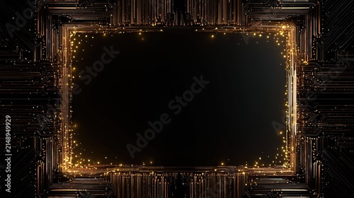 High‑contrast illustration of circuit board frame with gold conductive traces enclosing black rectangle, glowing yellow light nodes, tech themed graphic