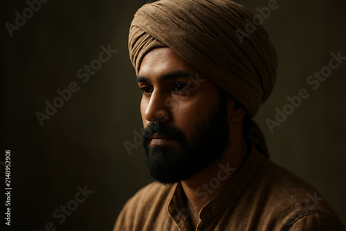 Serious Sikh man in traditional turban, moody studio portrait with dramatic lighting and dark background