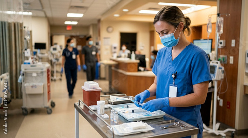 Dedicated medical professional preparing hospital equipment in a busy glowing hallway