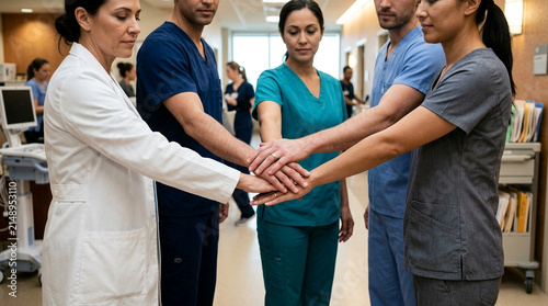 Dedicated medical team united in a hospital corridor, hands joined in support and collaboration