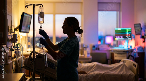 Dedicated medical worker adjusting IV drip for patient in dimly lit hospital room