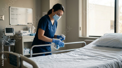 Dedicated medical worker cleaning a hospital patient bed with spray and cloth in bright room
