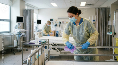 Dedicated medical worker cleaning hospital bed rails in a modern patient room