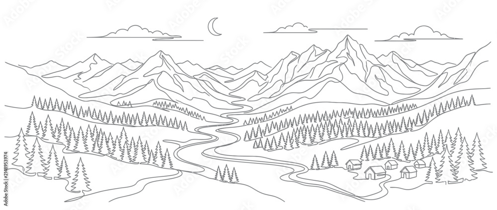 Obraz premium Minimalist mountain valley landscape with river and village