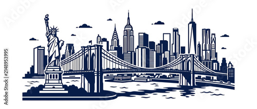 Stylized Cityscape with Iconic Statue and Bridge