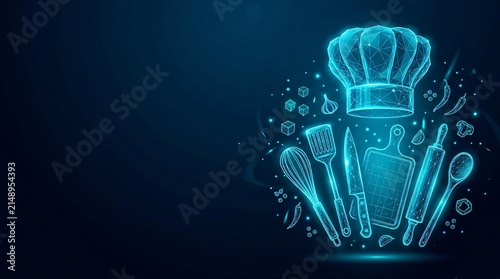 Kitchen chef tools and cooking utensils shown as a digital glowing wireframe collection with utensils culinary restaurant technology wireframe hologram abstract