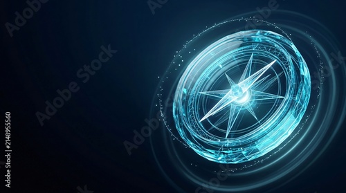 Glowing digital compass illustration representing navigation direction and global positioning technology with navigation direction orientation hologram technology