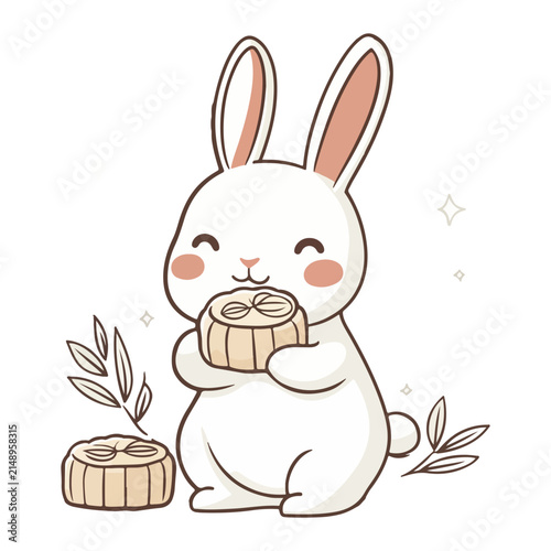 rabbit eating mooncakes, mid-autumn festival, celebration, asia, vector, transparent background, bunny, rabbit, cute, toy