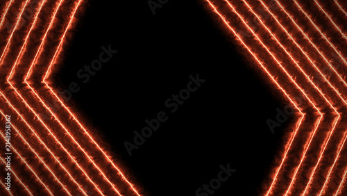 Abstract background featuring glowing orange neon chevron v shaped lines on black, abstract