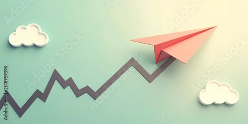 Pink Paper Airplane Soaring along Rising Business Growth Chart Line