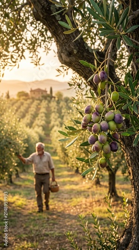 Ripe olives on an olive tree during harvest season at golden sunset