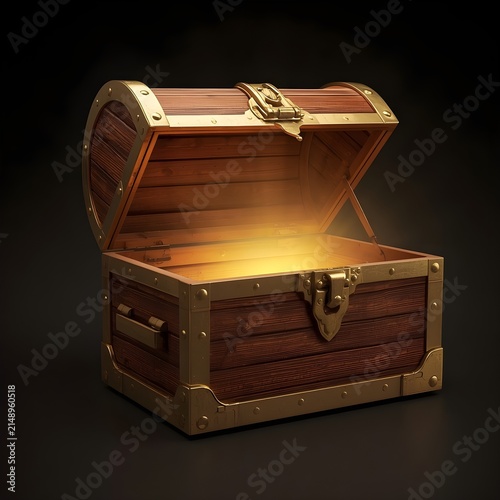 Open wooden treasure chest with glowing gold light inside.