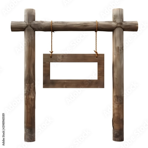 Hanging wooden sign mockup on rustic log posts, isolated on white.