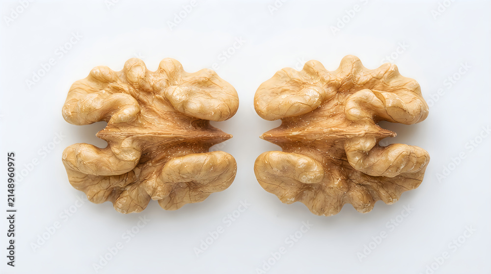 Fototapeta premium Two halves of a raw walnut kernel showing intricate texture isolated on white base